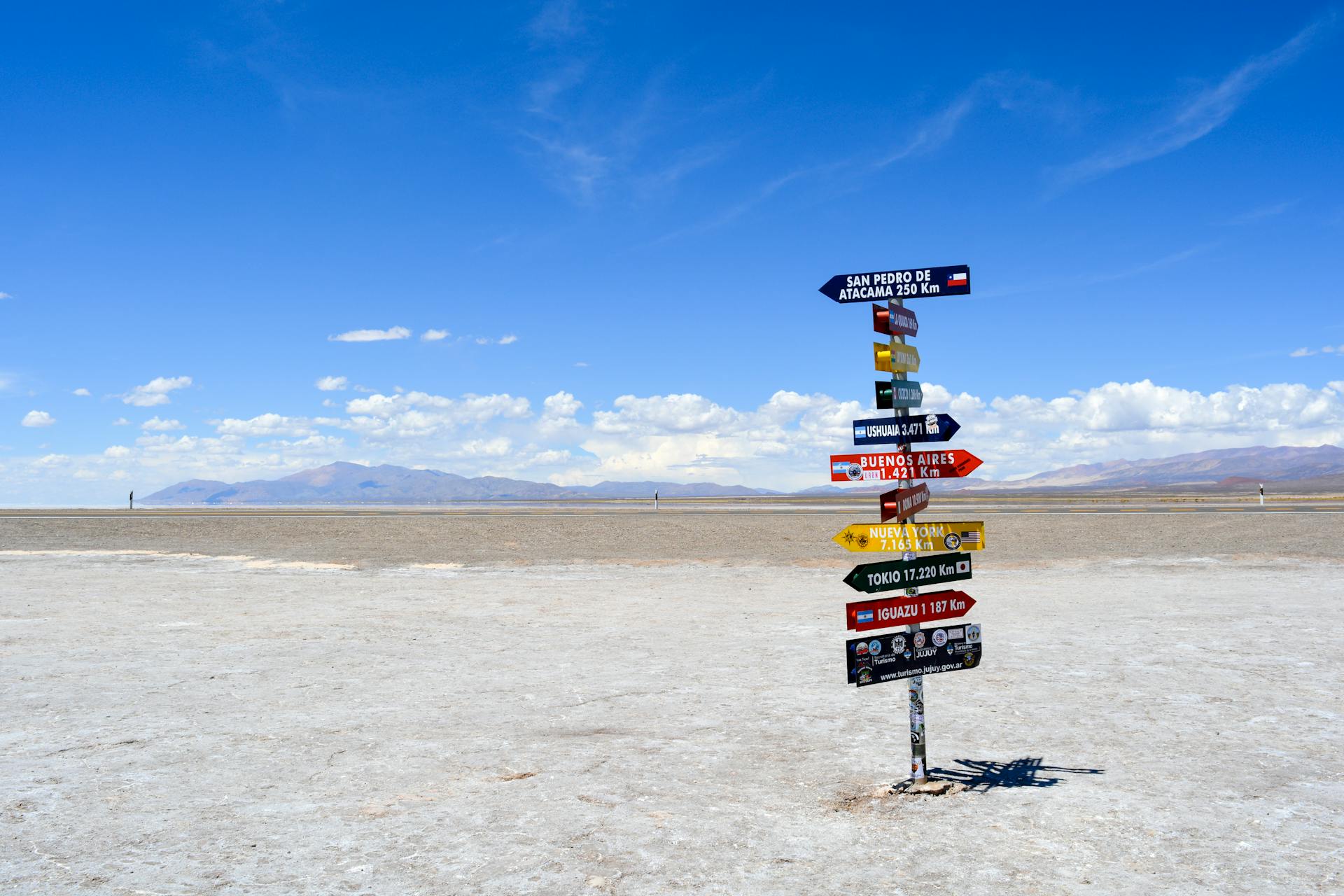 Sign Post in the desert with multiple signs on it.